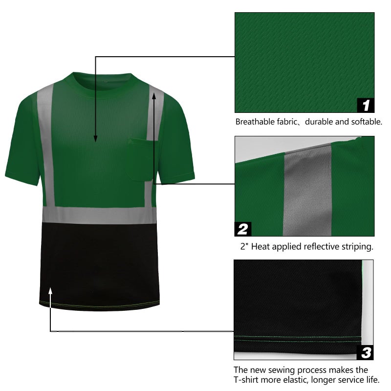 DPSAFETY High Visibility Shirts Quick Dry Safety T Shirts with Reflective Strips and Pocket Short Sleeve Mesh Hi Vis Construction Work Class 2 Shirt for Men/Women Black Bottom Green,Small - Image 2
